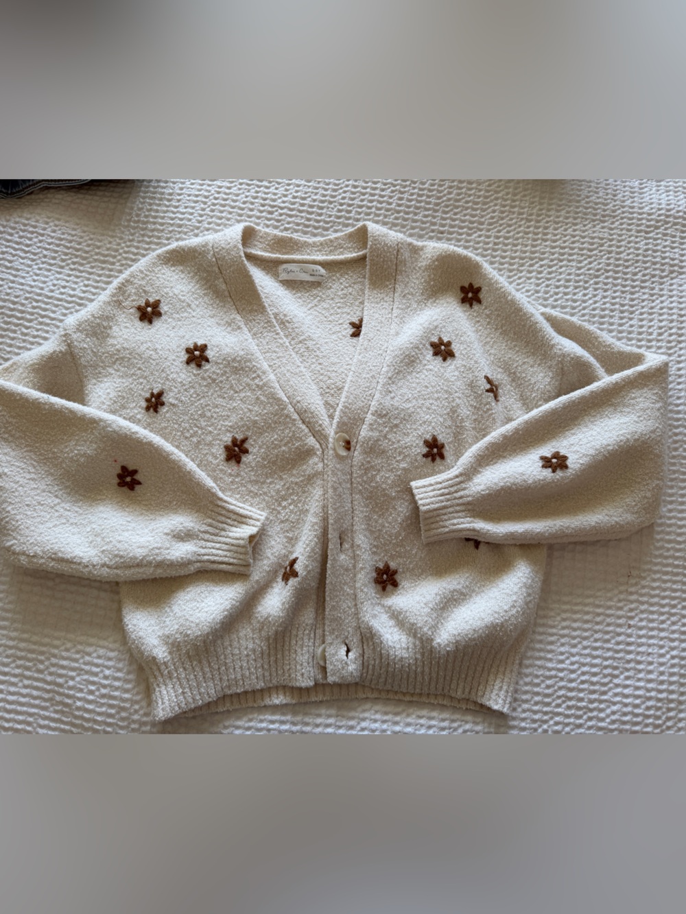 Rylee + Cru Cream Cardigan with Brown Floral Appliqués